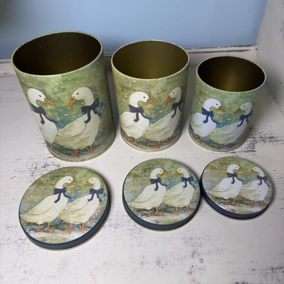 Vintage Blue Bow Nesting Goose Canisters Tins 80s Country Farmhouse - Picture 4 of 5